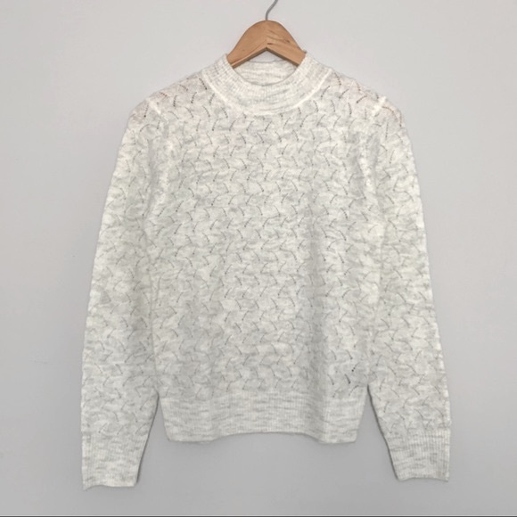 Fall Winter Pointelle Knit Crew Mock Neck Long Sleeve Sweater Top in Cream (M) - Picture 4 of 5